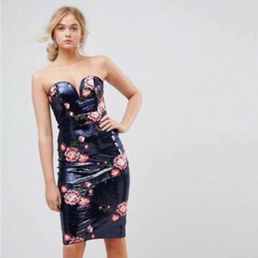 NWOT Strapless Sequin Midi dress w/ floral embroidery